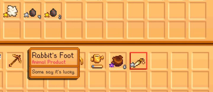 An inventory in Stardew Valley showcasing a rabbit's foot.