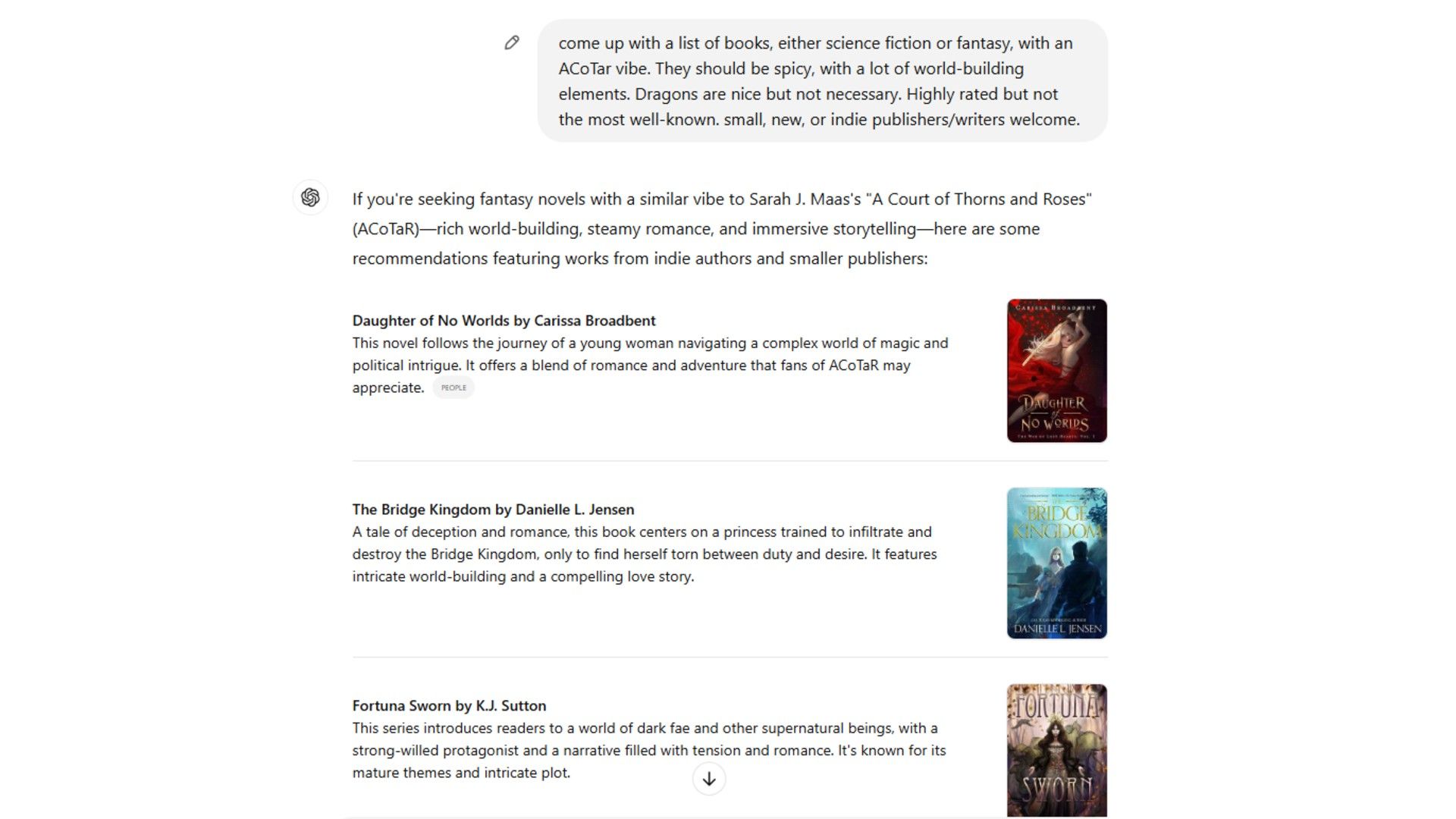 Book recommendations based on ChatGPT prompts.