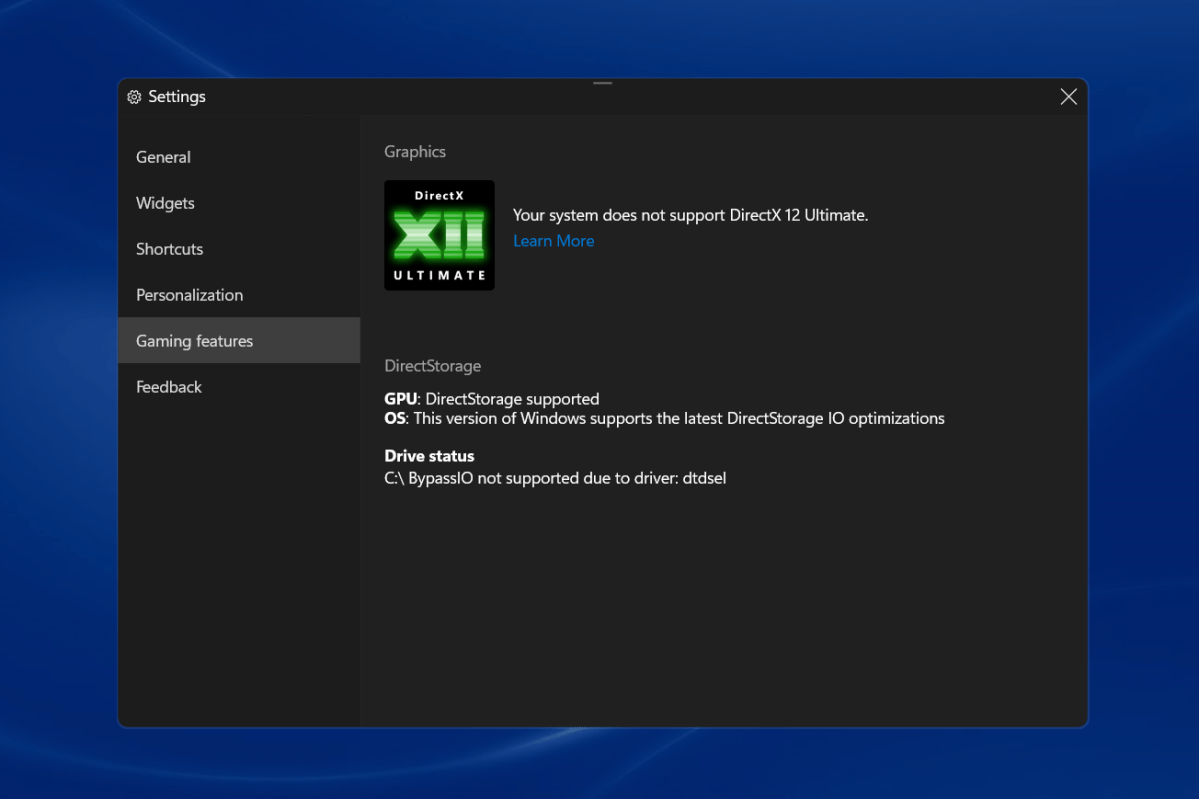 Windows Gaming Mode showing DirectStorage support