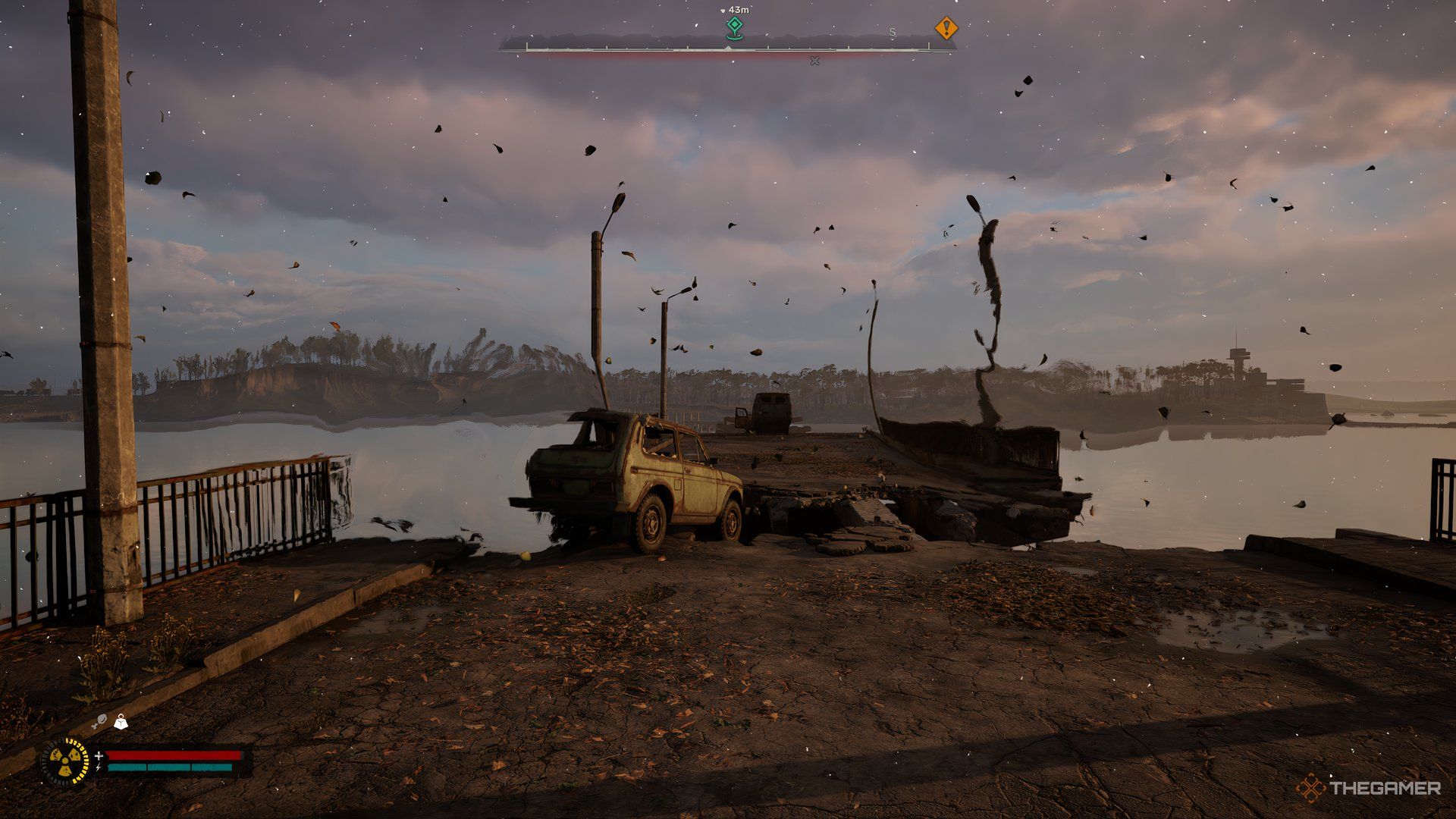 An image showing a broken vehicle at the end of a broken bridge.