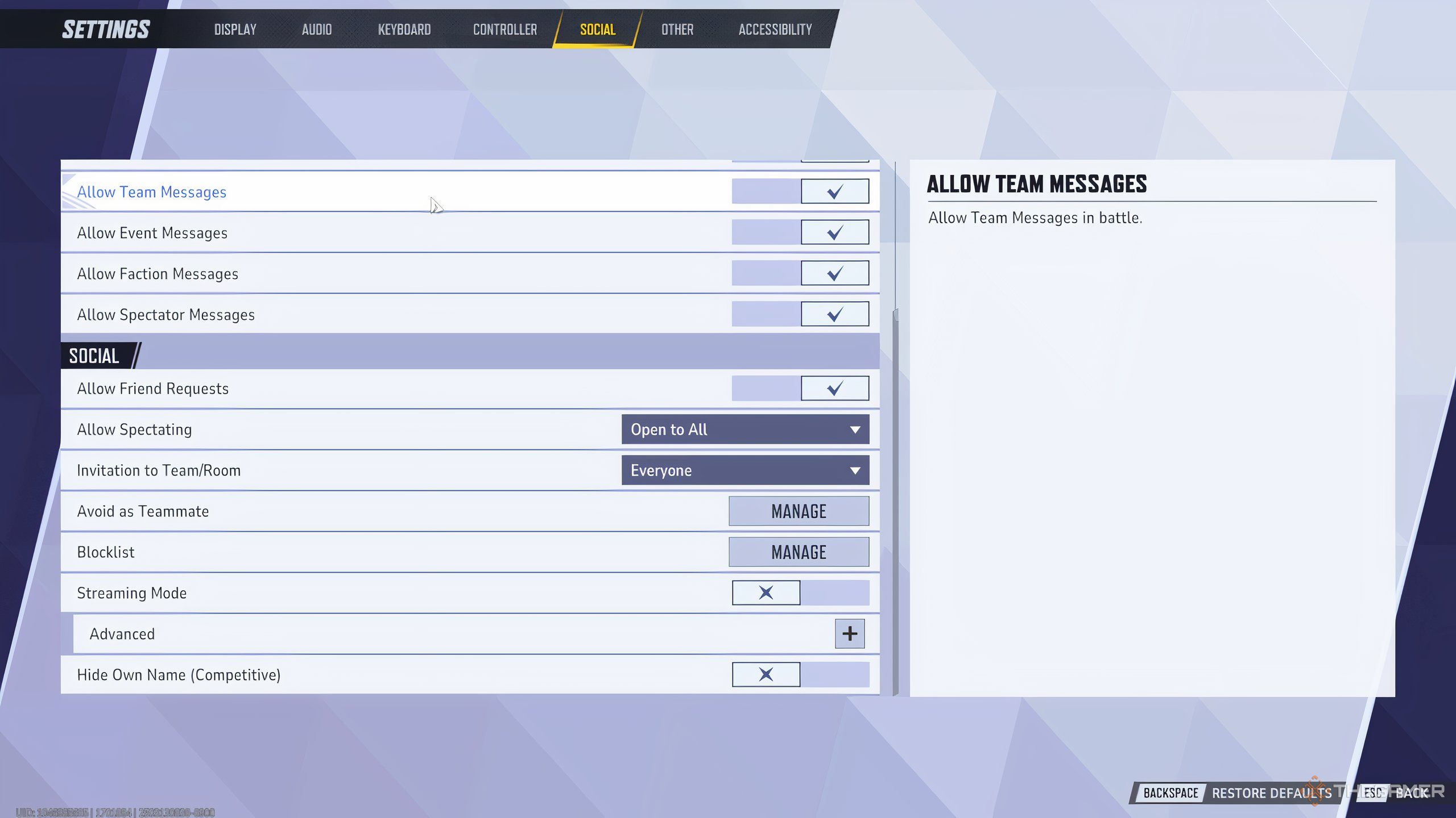 Display of the social settings in Marvel Rivals.