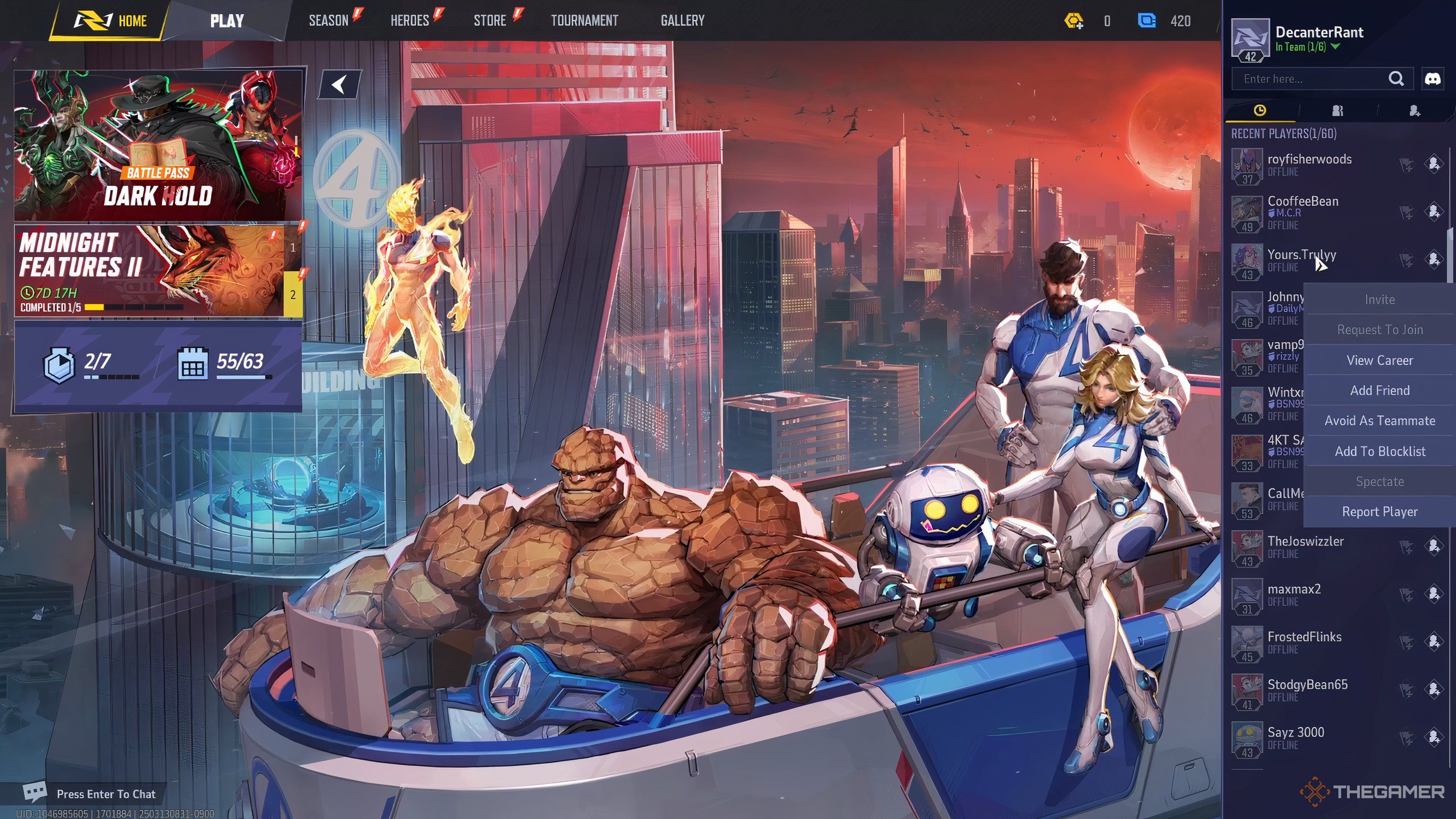 The social friend list screen in Marvel Rivals.