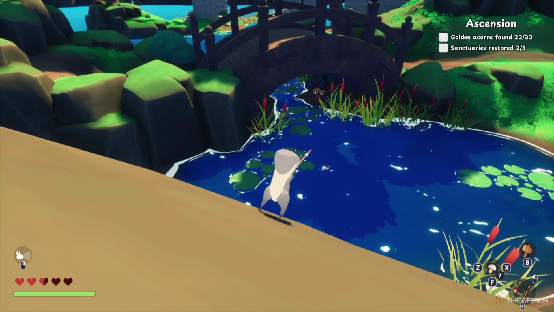 A squirrel stands next to a scenic bridge, fishing in the pond in Squirreled Away.