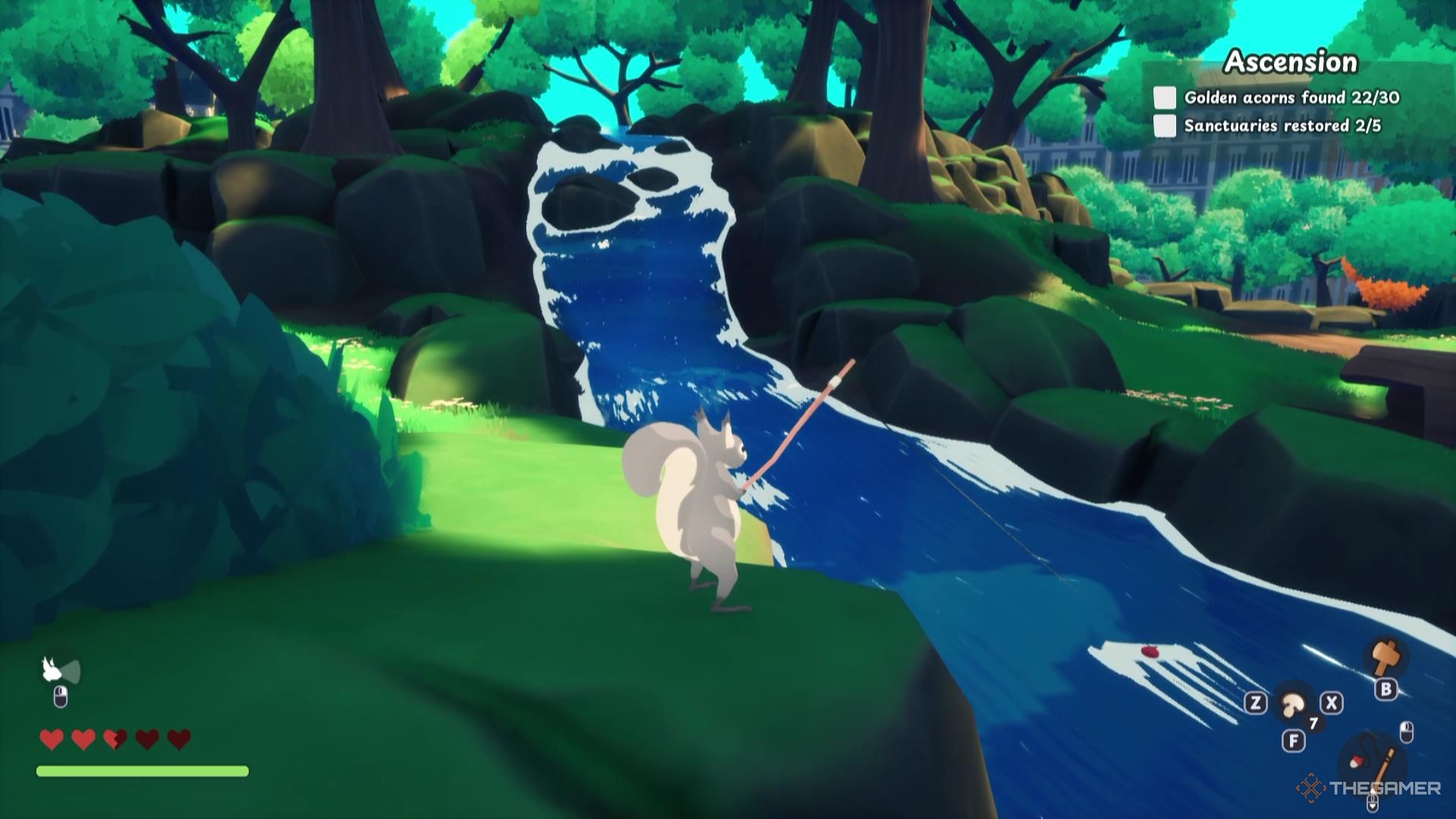 A squirrel stands in front of a river, fishing in Squirreled Away.