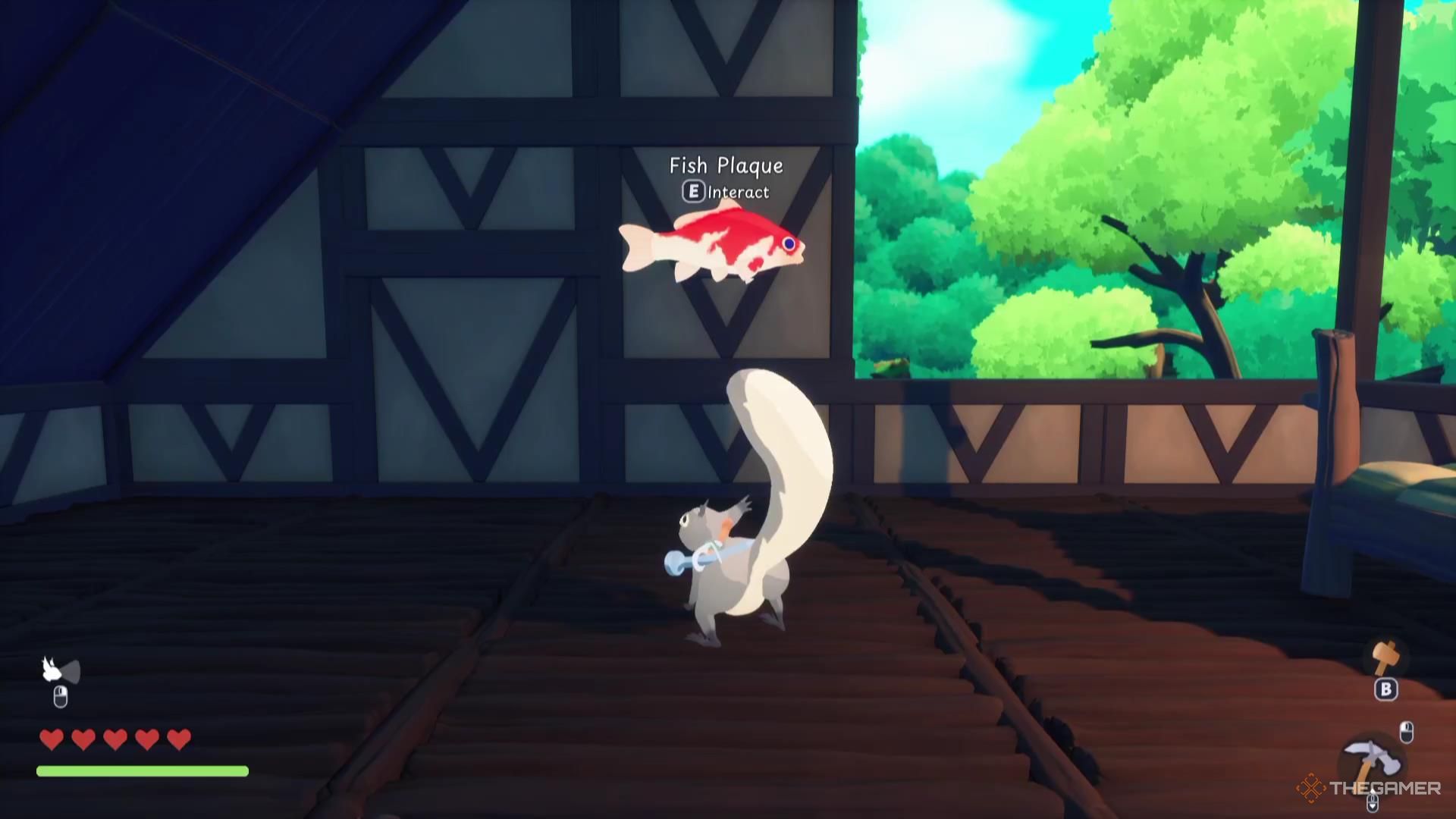 A squirrel stands in front of a fish plaque on a wall in Squirreled Away.
