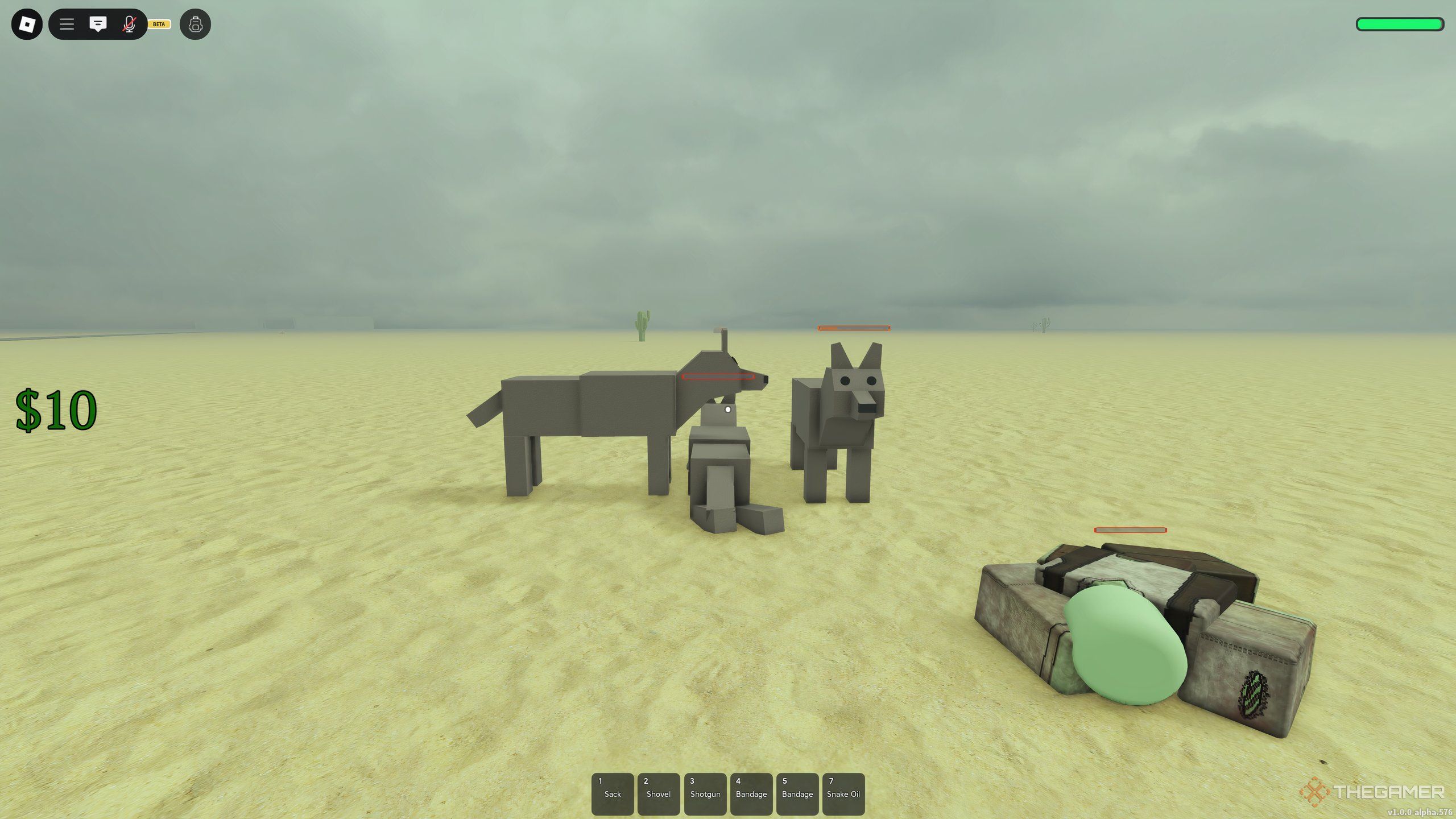 Two tamed wolves, with one not making it, in Dead Rails on Roblox.