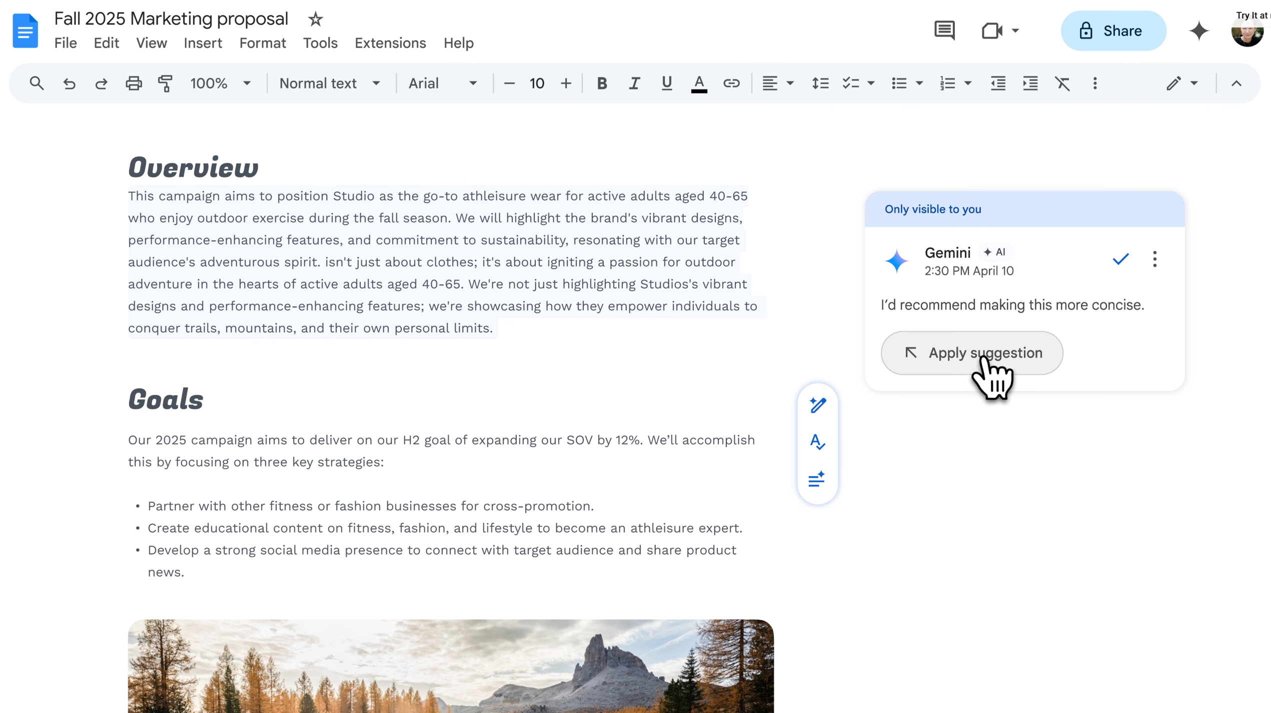 Google Docs help me refine AI feature.
