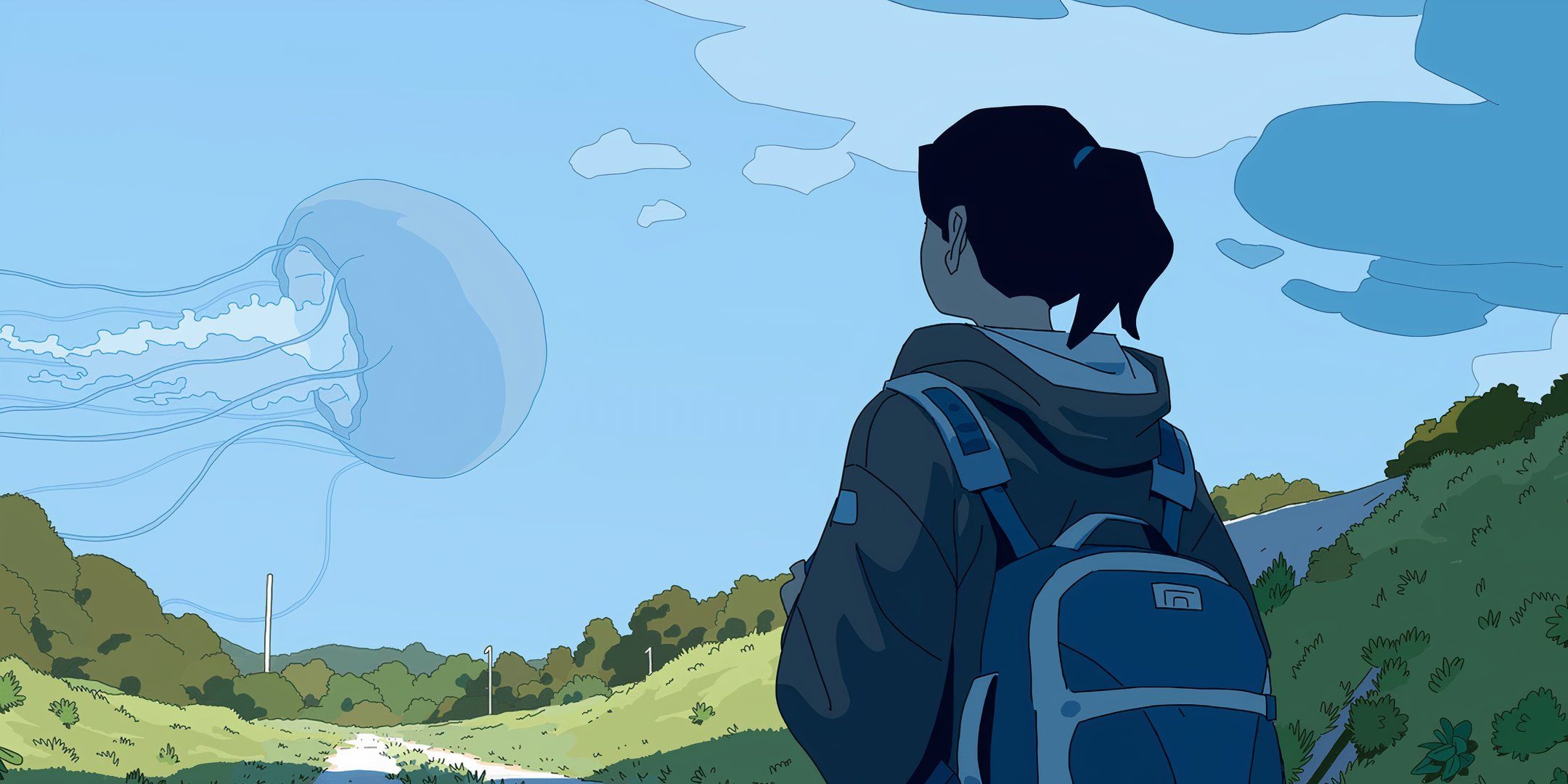 A player character admires a giant flying jellyfish in the Obojima campaign setting.