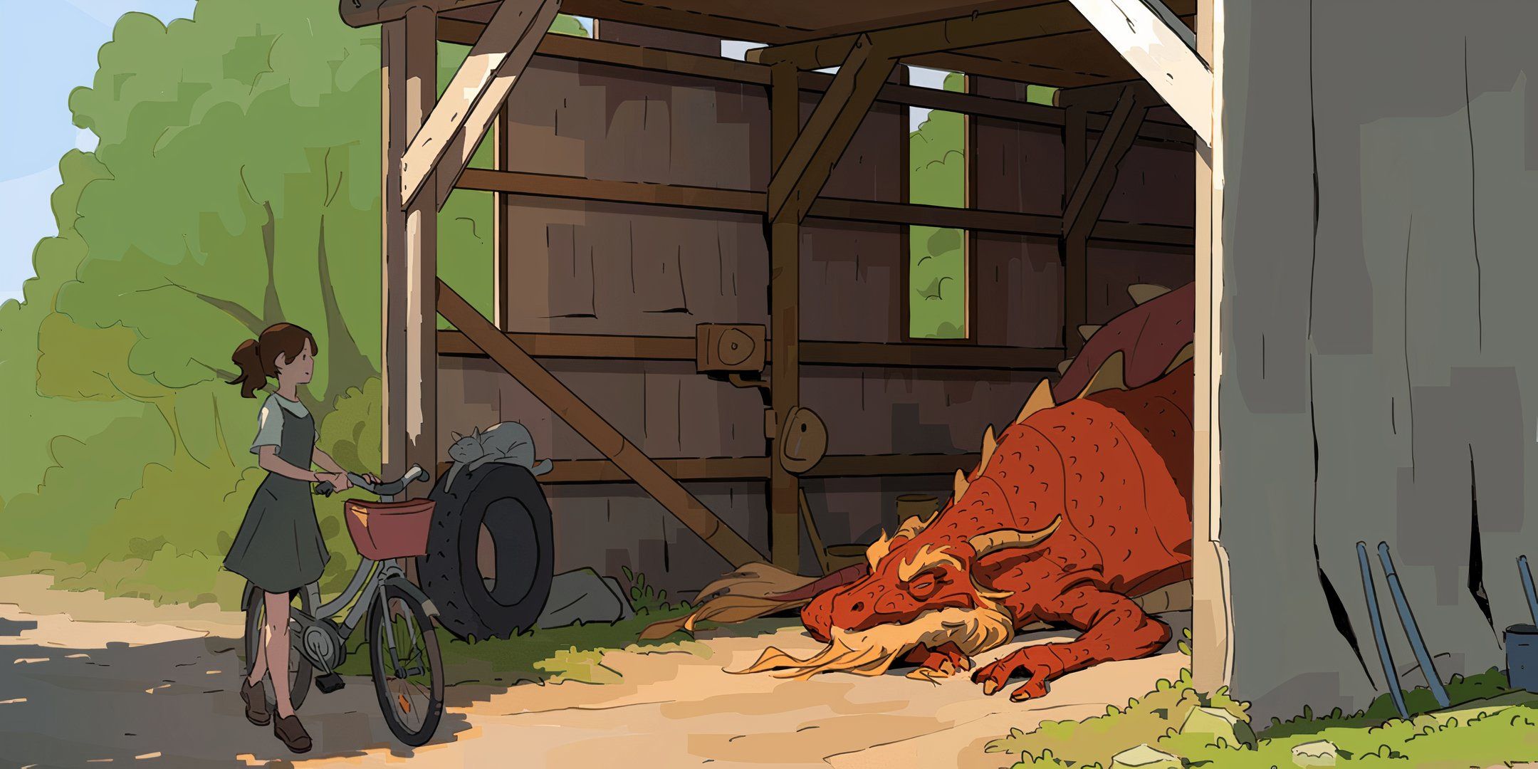A dragon snoozes in a cozy barn in Obojima's campaign setting for Dungeons & Dragons.