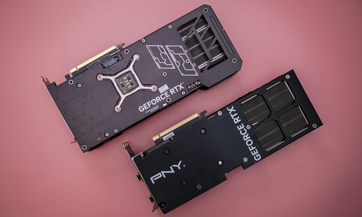 The backs of two RTX 4070 Ti Super graphics cards.