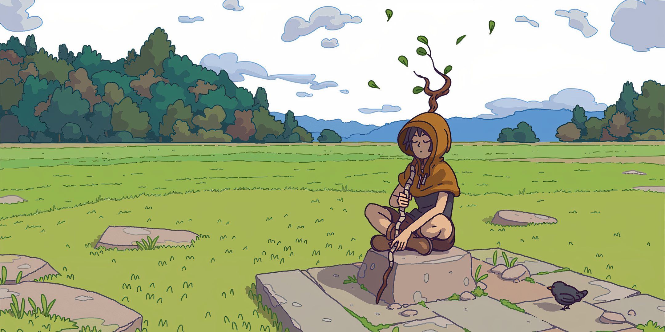 A player character meditates in Gale Fields of Obojima during Dungeons & Dragons.
