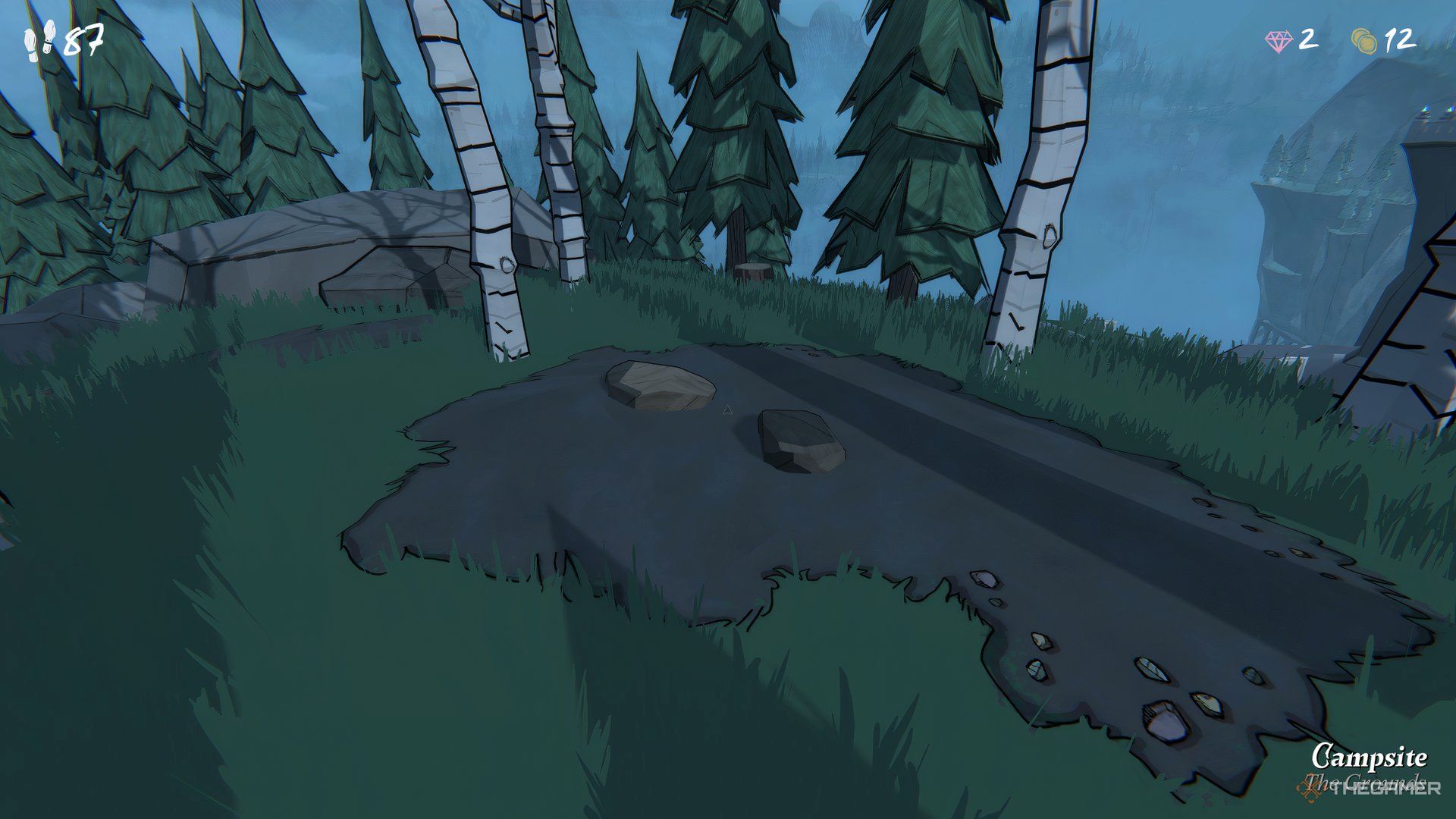 Two Stones On The Ground Among Some White Trees In Blue Prince.