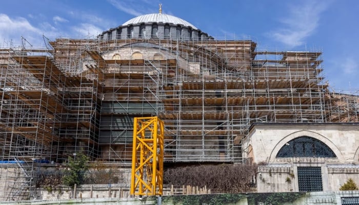 Scaffolding on the Hagia Sophia Grand Mosque in Istanbul, captured on April 14, 2025. — Reuters