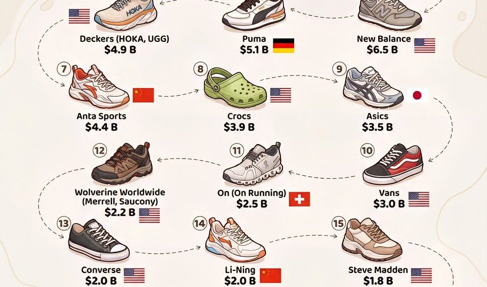 The Best-Selling Shoe Brands in the World 

1.  Nike – $31.0 Billion
2.  Adidas