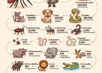 The Most Dangerous Animals in the World 

1.  Mosquito  
Deaths: 1,000,000  
Dis