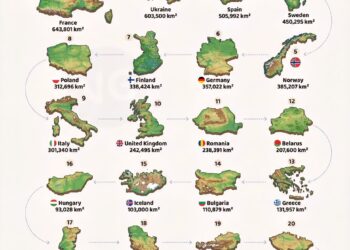 Top 25 Largest Countries in Europe 

1.  France - 643,801 km²
2.  Ukraine - 603,