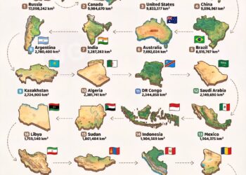 Top 25 Largest Countries in the World 

1.  Russia - 17,098,242 km²
2.  Canada -