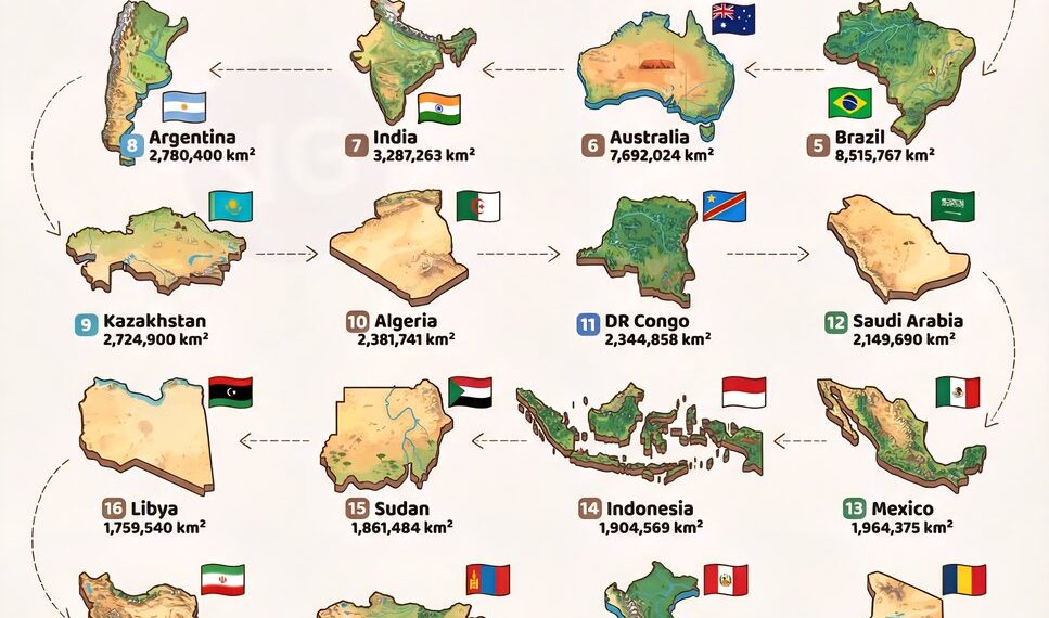 Top 25 Largest Countries in the World 

1.  Russia - 17,098,242 km²
2.  Canada -
