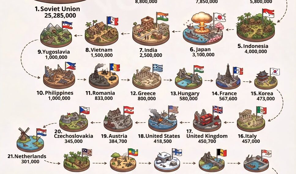 World War II (WWII) Human Losses 

1.  Soviet Union - 25.28 Million
2.  Germany