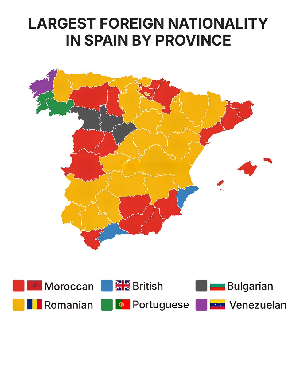 Largest Foreign Nationality in Spain by Province 

 Moroccan 
 Romanian 
 Britis