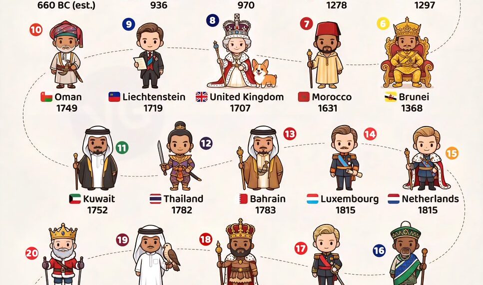 The World’s Oldest Monarchies
1. Japan - 660 BC (est.)
2. Denmark - 936
3.