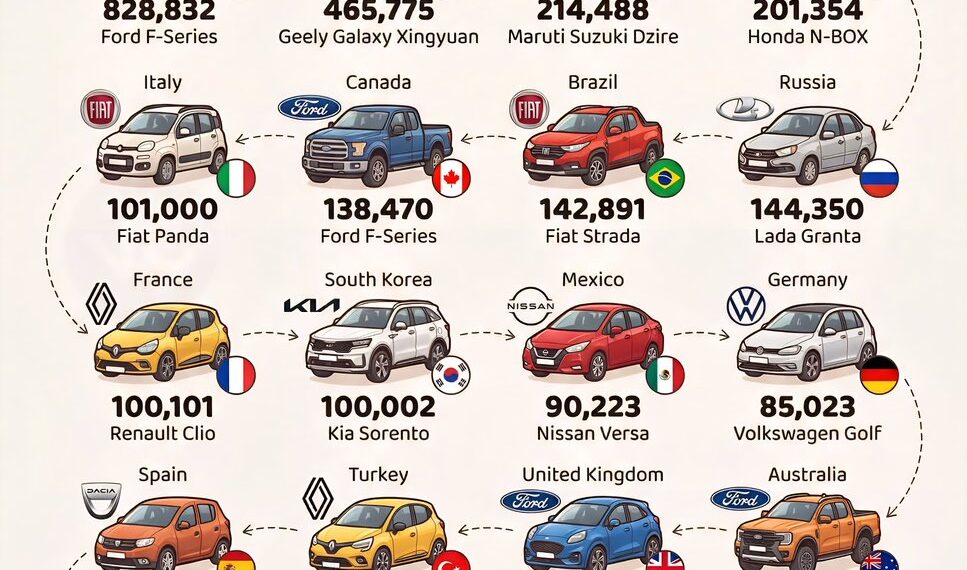 Best-Selling Car Models by Country
Units Sold in 2025 

1.  United States – Ford
