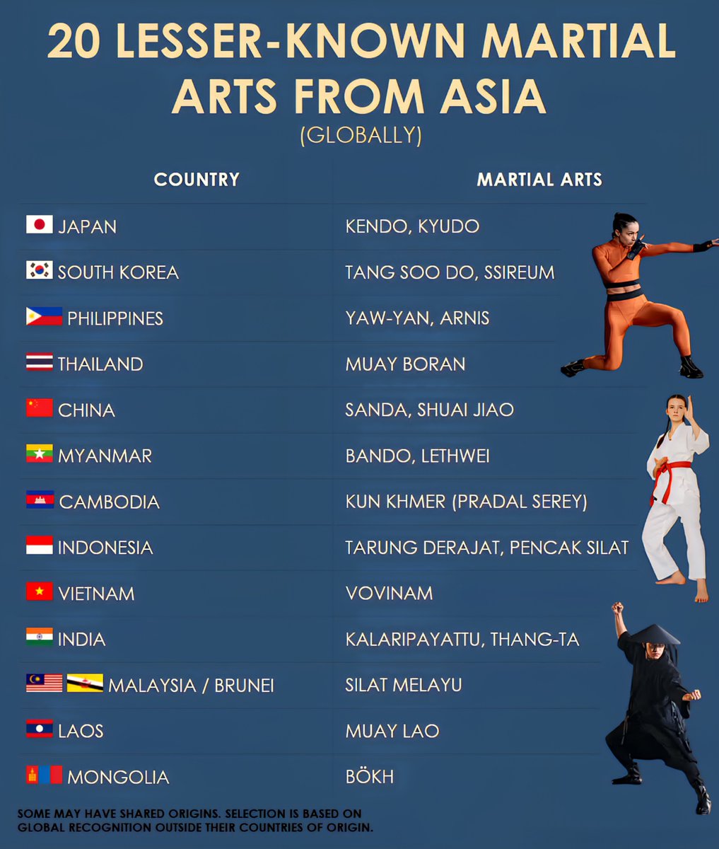 20 Lesser-Known Martial Arts From Asia 

 Japan - Kendo , Kyudo 
 South Korea -