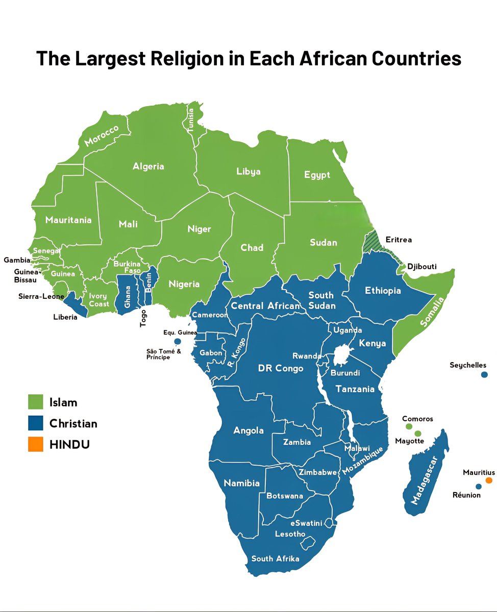 The Largest Religion in Each African Countries

 Islam
 Christian
 Hindu