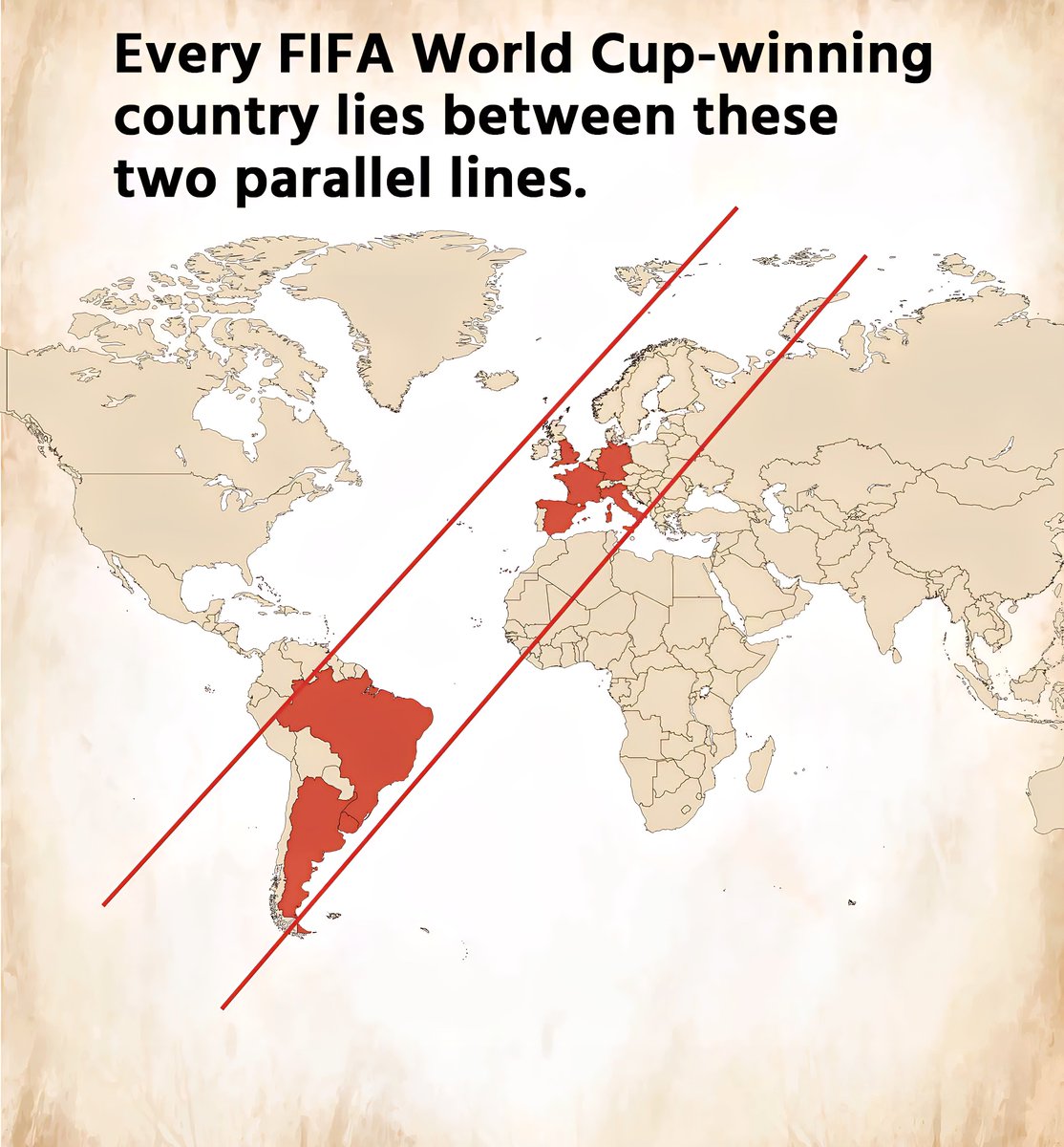 Fun Map: Every FIFA World Cup-Winning Country Lies Between these Two Parallel Li