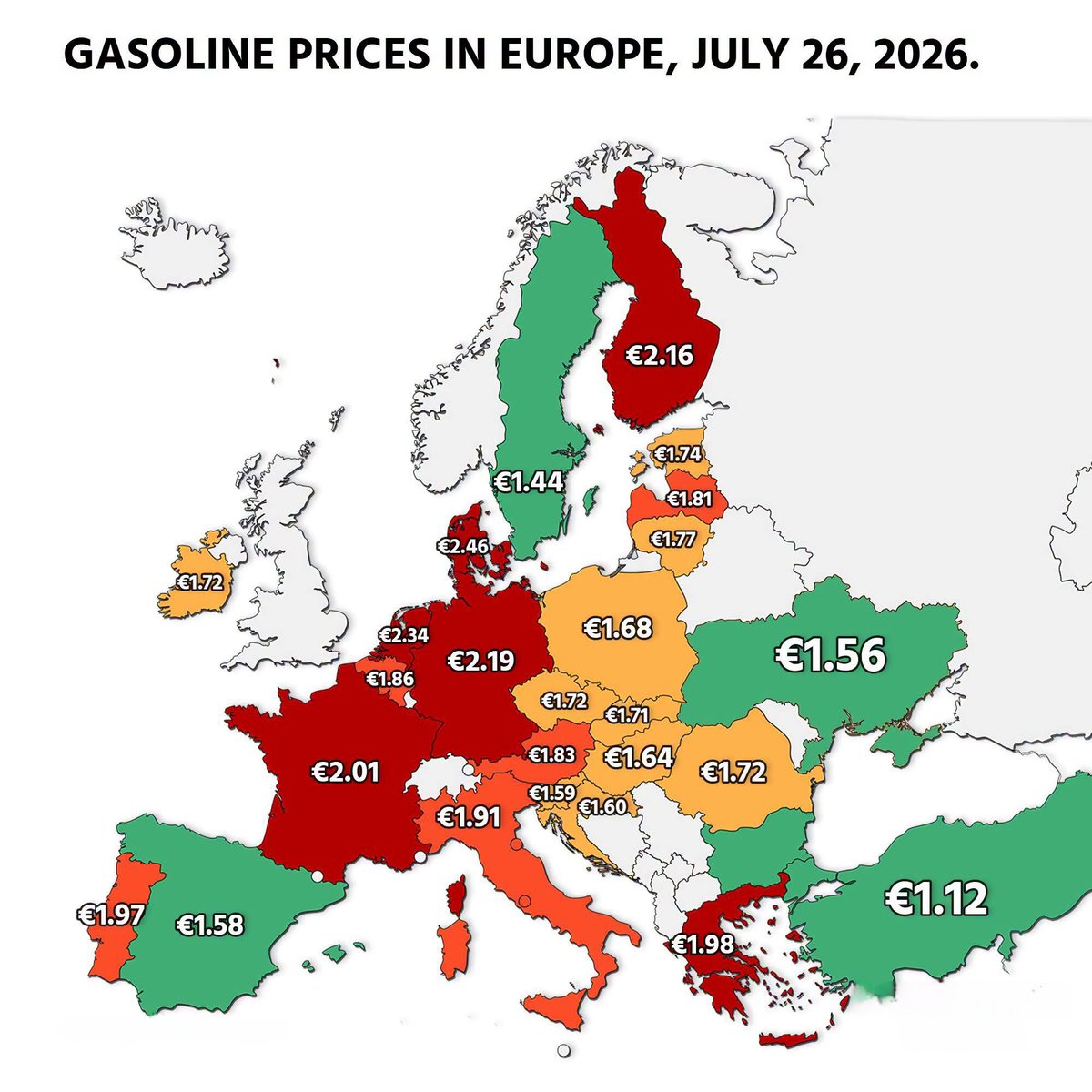 Top Gasoline Prices in Europe Per Liter