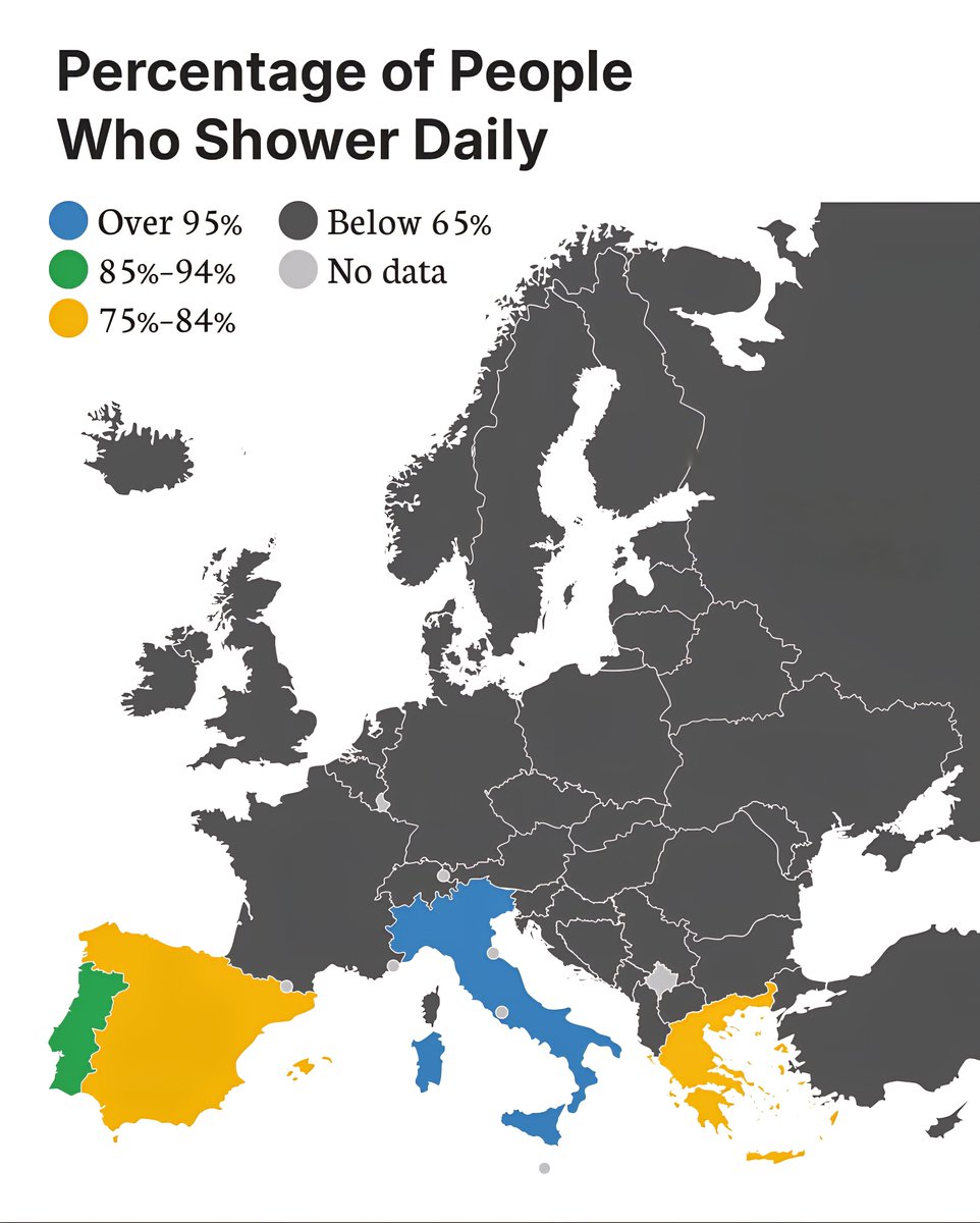 Percentage of People Who Shower Daily 

 Over 95%
 85%–94%
 75%–84%
 Below 65%