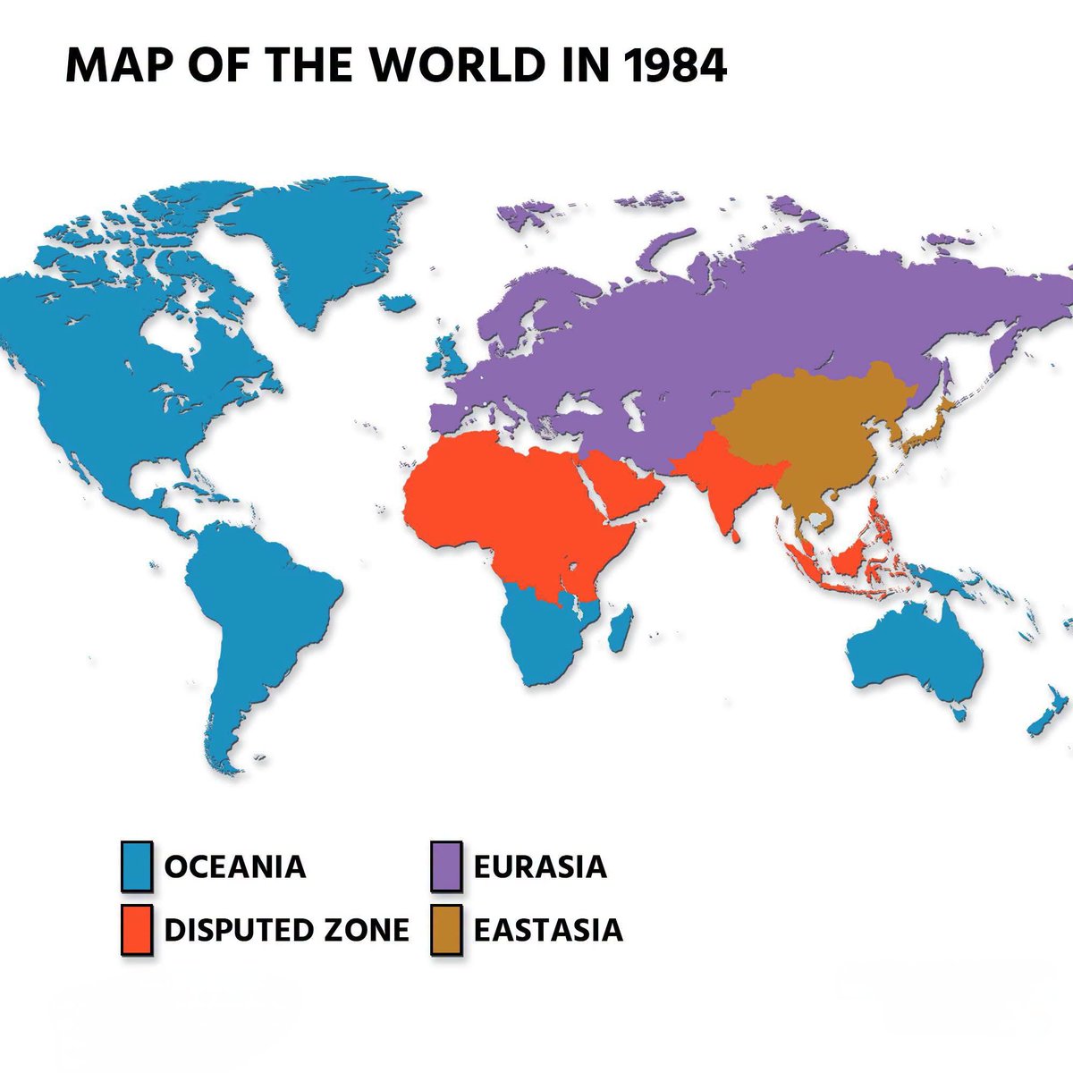 This Map Depicts the imagined World of George Orwell’s 1949 novel 1984 Oceania