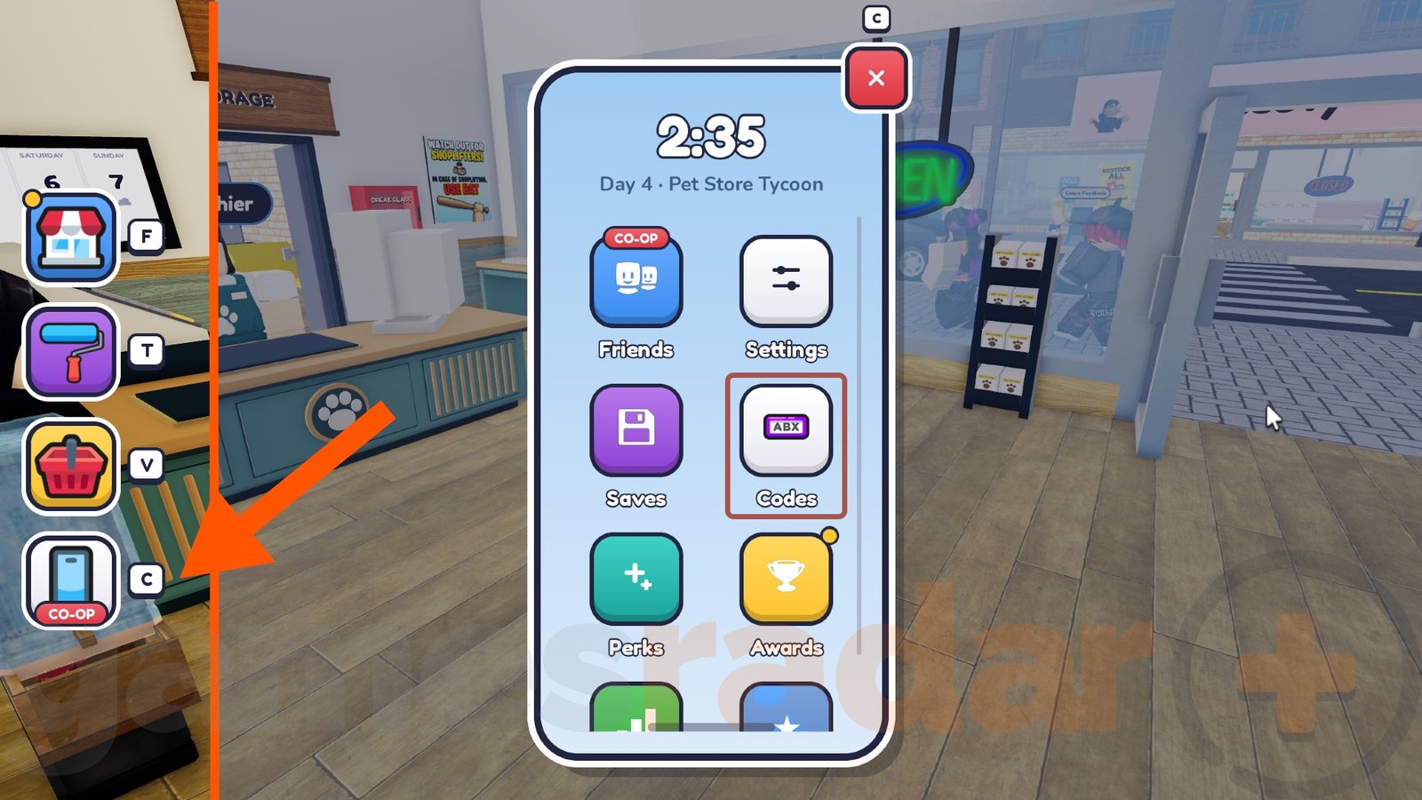 سهم برتقال يشير إلى زر الهاتف حيث يمكنك فتح هاتفك المحمول واستبدال رموز Pet Store Tycoon.